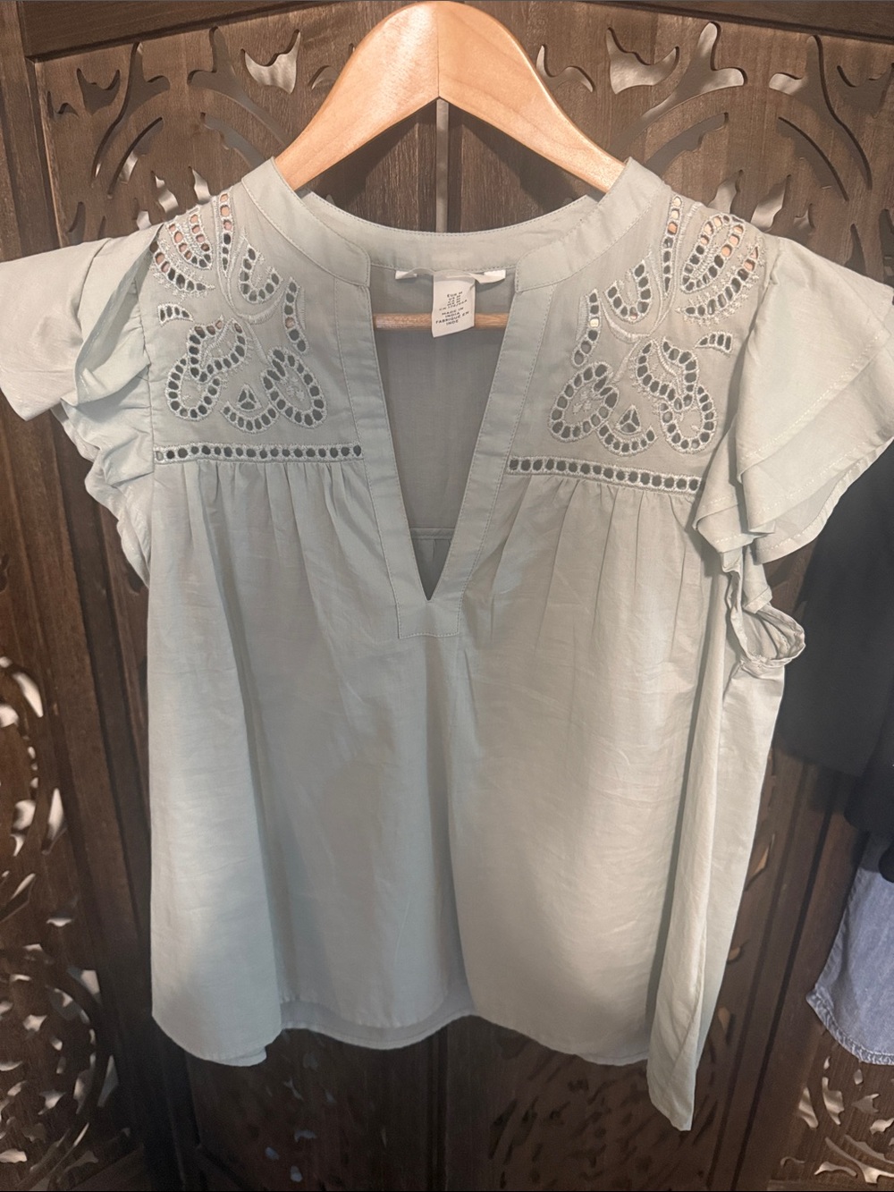 H&M Sage Green Eyelet V-Neck Flutter Sleeve Blouse